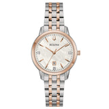 BULOVA Orologio al Quarzo Donna con Diamanti Cassa Rotonda Quadrante Madreperla Bianco e Cinturino in Acciaio Bicolore Rosè 98P213