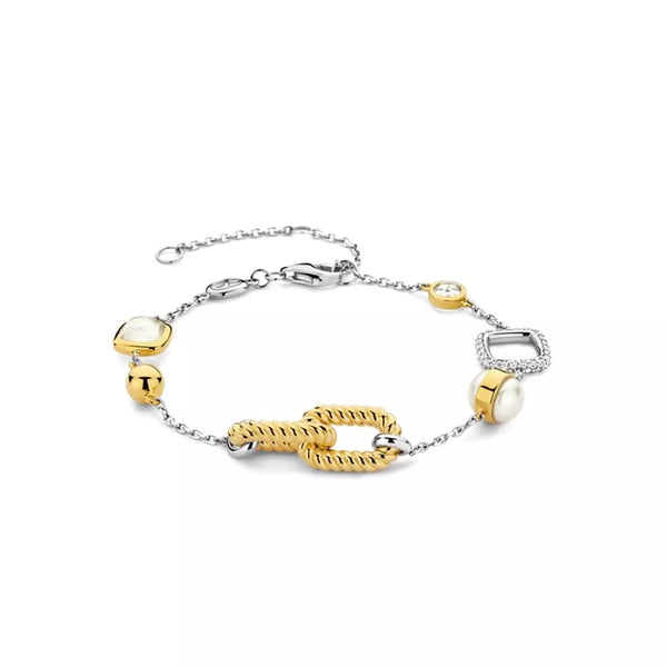 Bracciale donna Ti Sento in argento bicolore con zirconi, perle ed elementi intrecciati 23033ZY