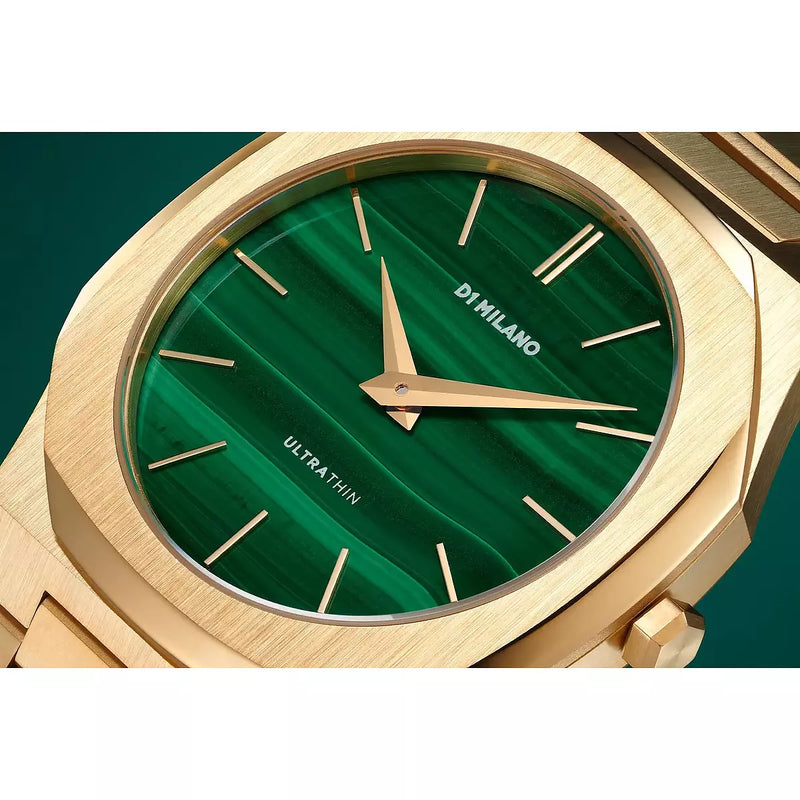 Orologio D1 Milano al Quarzo Ultra Thin Cassa e Cinturino in Acciaio Dorato Quadrante in Malachite Verde UTBJ30 Dettaglio