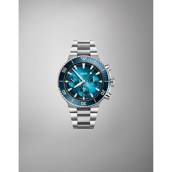 Orologio ORIS Aquis Chronograph quadrante blu bracciale in acciaio 01 771 7793 4155-07 8 23 01PEB dettaglio