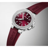 Orologio ORIS Aquis Date Diamonds quadrante rosso cinturino in gomma rosso 01 733 7766 4998-07 4 22 68FC dettaglio