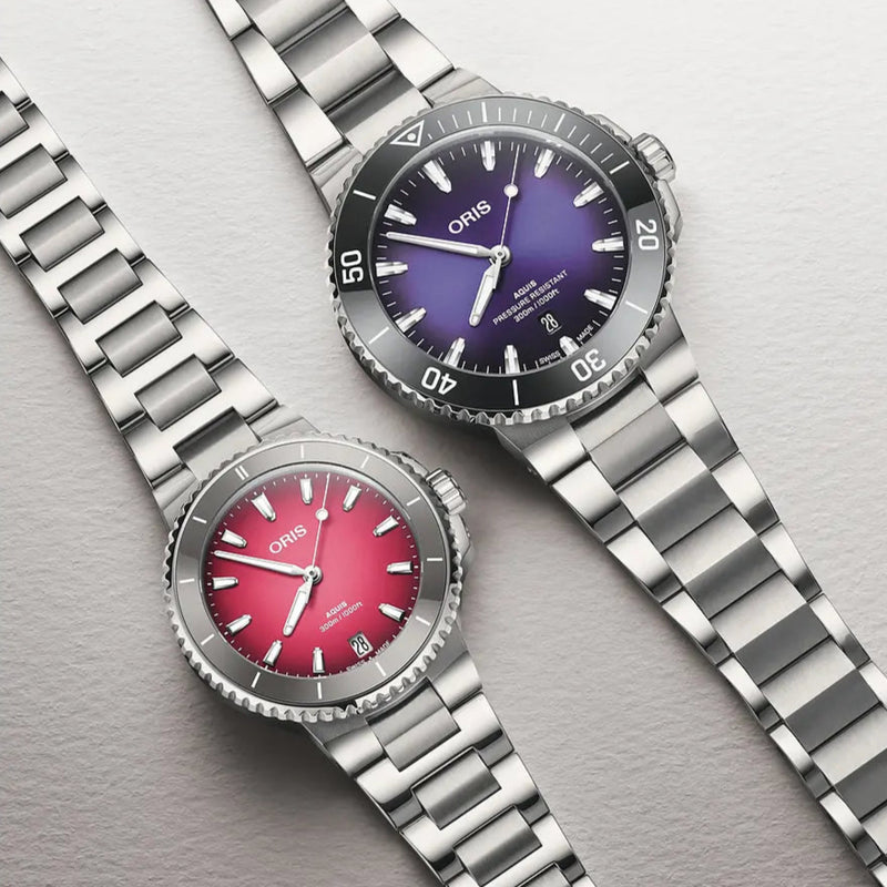 Orologio ORIS Aquis Date Taste of Summer quadrante fucsia bracciale in acciaio 01 733 7792 4158-07 8 19 05P dettaglio 3