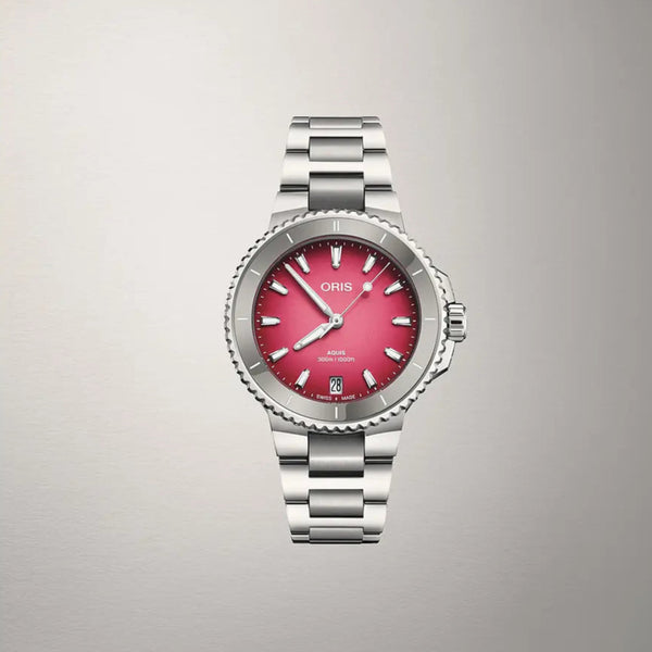 Orologio ORIS Aquis Date Taste of Summer quadrante fucsia bracciale in acciaio 01 733 7792 4158-07 8 19 05P