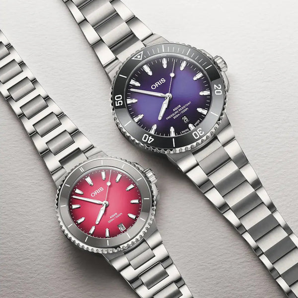 Orologio ORIS Aquis Date Taste of Summer quadrante viola bracciale in acciaio 01 733 7789 4158-07 8 23 04PEB dettaglio 3