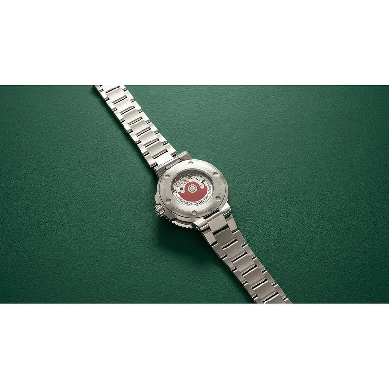 Orologio ORIS Aquis Date X Bracenet quadrante verde bracciale in acciaio 01 733 7770 4137-07 8 18 05P dettaglio 3