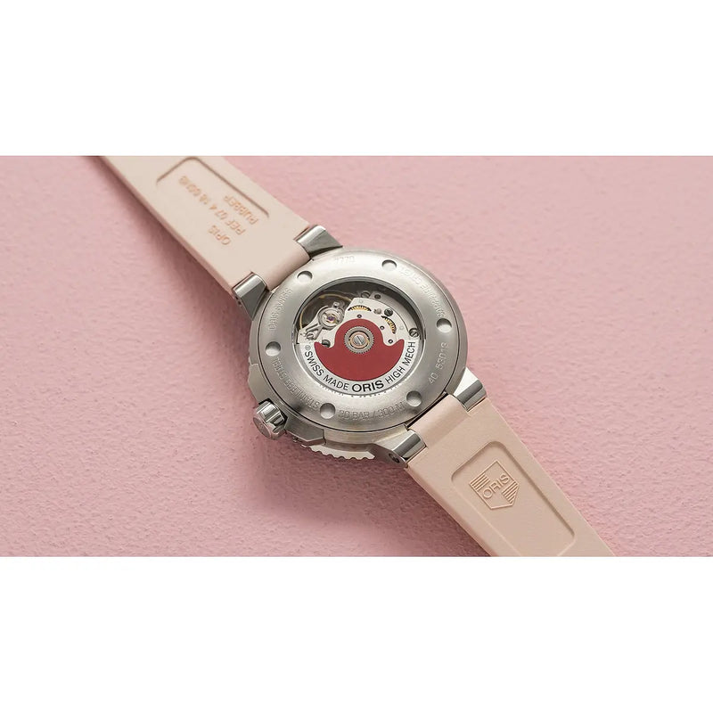 Orologio ORIS Aquis Date quadrante rosa cinturino in gomma rosa 01 733 7770 4158-07 4 18 66FC dettaglio 3
