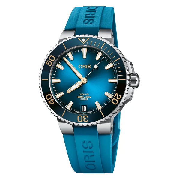 Orologio ORIS Aquis Date quadrante verde cinturino in gomma azzurro 01 400 7769 4125-07 4 22 75FC