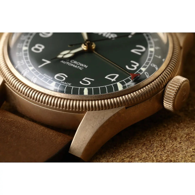 Orologio ORIS Big Crown Pointer Date 80th Anniversary quadrante verde cinturino in pelle marrone 01 754 7741 3167-07 5 20 58BR dettaglio