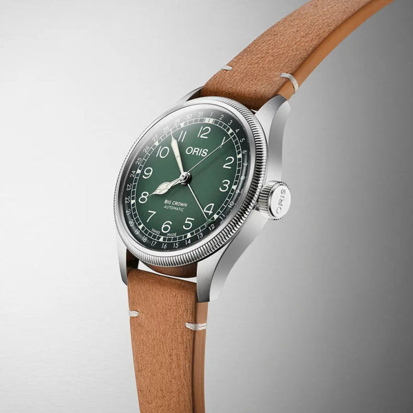 Orologio ORIS Big Crown Pointer Date Cervo Volante quadrante verde cinturino in pelle marrone 01 754 7779 4067-Set