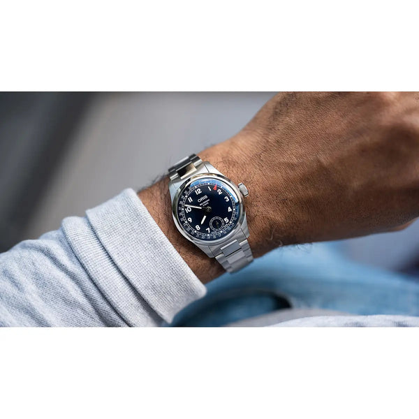 Orologio ORIS Big Crown Pointer Date quadrante blu bracciale in acciaio 01 403 7776 4065-07 8 19 06 dettaglio
