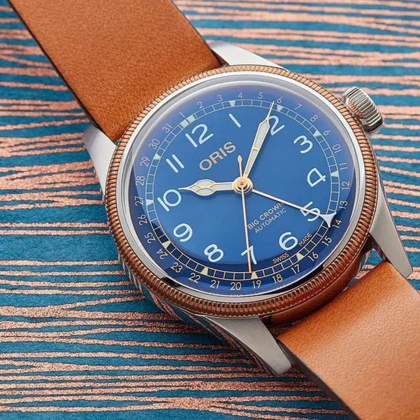 Orologio ORIS Big Crown Pointer Date quadrante blu cinturino in pelle marrone 01 754 7741 4365-07 5 20 71 dettaglio