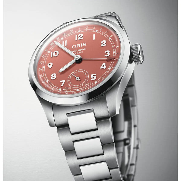 Orologio ORIS Big Crown Pointer Date quadrante rosso bracciale in acciaio 01 403 7799 4068-07 8 20 06 dettaglio 2