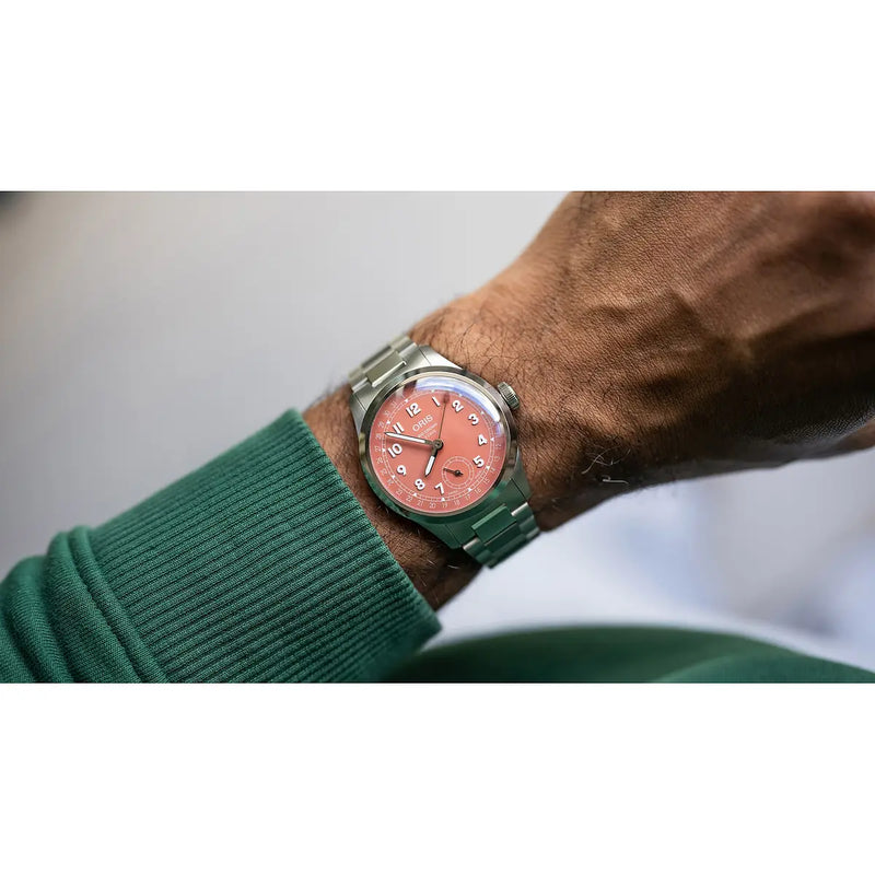 Orologio ORIS Big Crown Pointer Date quadrante rosso bracciale in acciaio 01 403 7799 4068-07 8 20 06 dettaglio