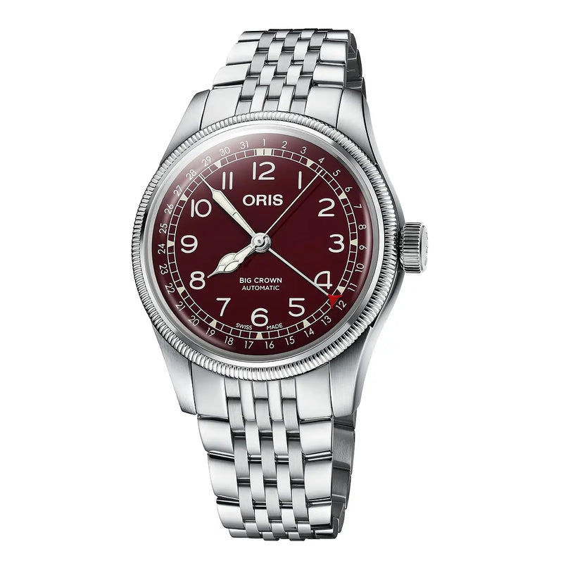 Orologio ORIS Big Crown Pointer Date quadrante rosso bracciale in acciaio 01 754 7741 4068-07 8 20 22