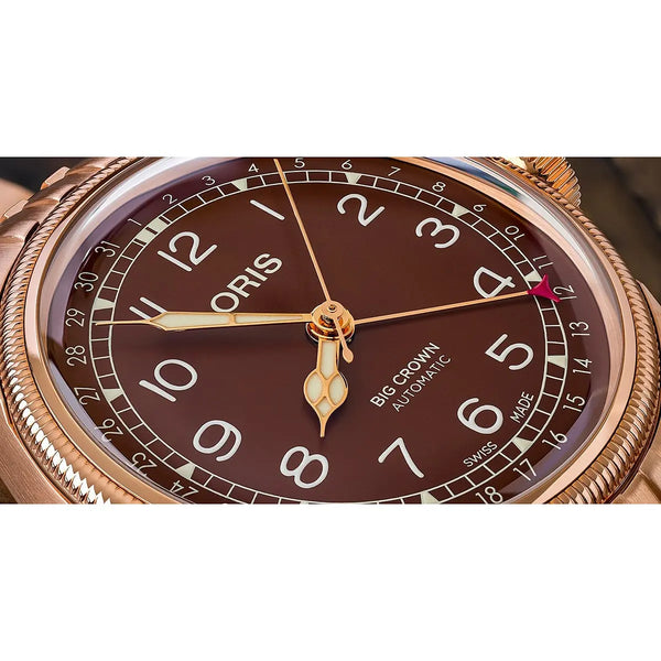 Orologio ORIS Big Crown Pointer Date quadrante rosso bracciale in bronzomarrone 01 754 7741 3168-07 8 20 01 dettaglio