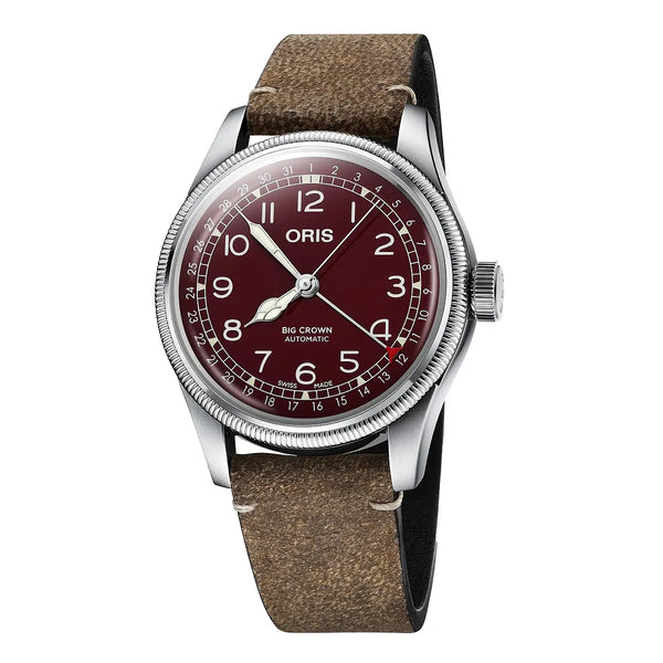 Orologio ORIS Big Crown Pointer Date quadrante rosso cinturino in pelle marrone 01 754 7741 4068-07 5 20 50