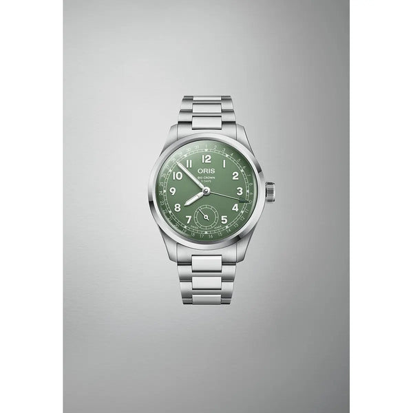 Orologio ORIS Big Crown Pointer Date quadrante verde bracciale in acciaio 01 403 7799 4067-07 8 20 06 dettaglio 2