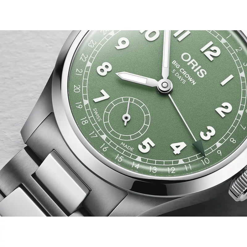 Orologio ORIS Big Crown Pointer Date quadrante verde bracciale in acciaio 01 403 7799 4067-07 8 20 06 dettaglio 3