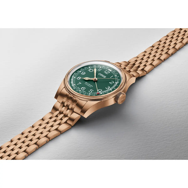 Orologio ORIS Big Crown Pointer Date quadrante verde bracciale in bronzomarrone 01 754 7741 3167-07 8 20 01 dettaglio