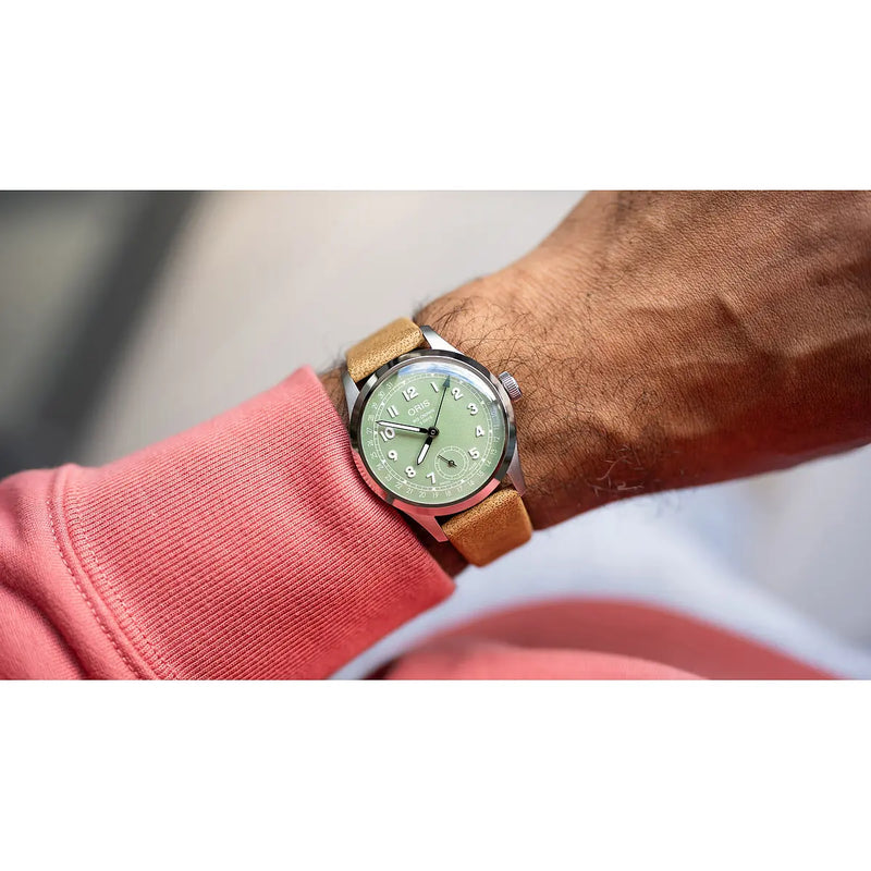 Orologio ORIS Big Crown Pointer Date quadrante verde cinturino in pelle marrone 01 403 7799 4067-07 6 20 09FC dettaglio