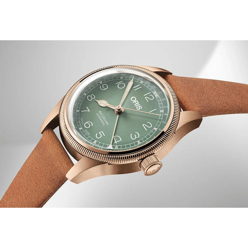 Orologio ORIS Big Crown Pointer Date quadrante verde cinturino in pelle marrone 01 754 7749 3167-07 5 17 66BR