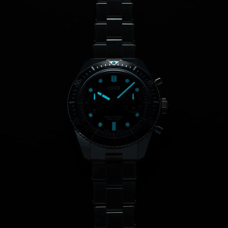 Orologio ORIS Divers Sixty-Five Chronograph quadrante nero bracciale in acciaio 01 771 7791 4054-07 8 20 18 dettaglio 4