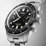 Orologio ORIS Divers Sixty-Five Chronograph quadrante nero bracciale in acciaio 01 771 7791 4054-07 8 20 18 dettaglio