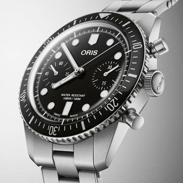 Orologio ORIS Divers Sixty-Five Chronograph quadrante nero bracciale in acciaio 01 771 7791 4054-07 8 20 18 dettaglio