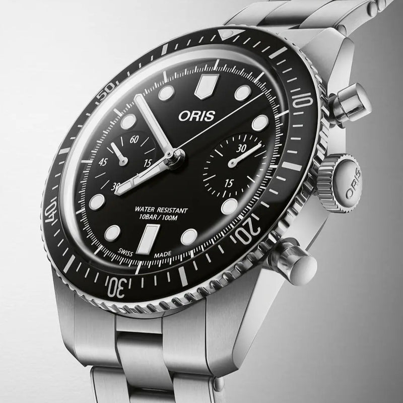 Orologio ORIS Divers Sixty-Five Chronograph quadrante nero bracciale in acciaio 01 771 7791 4054-07 8 20 18 dettaglio