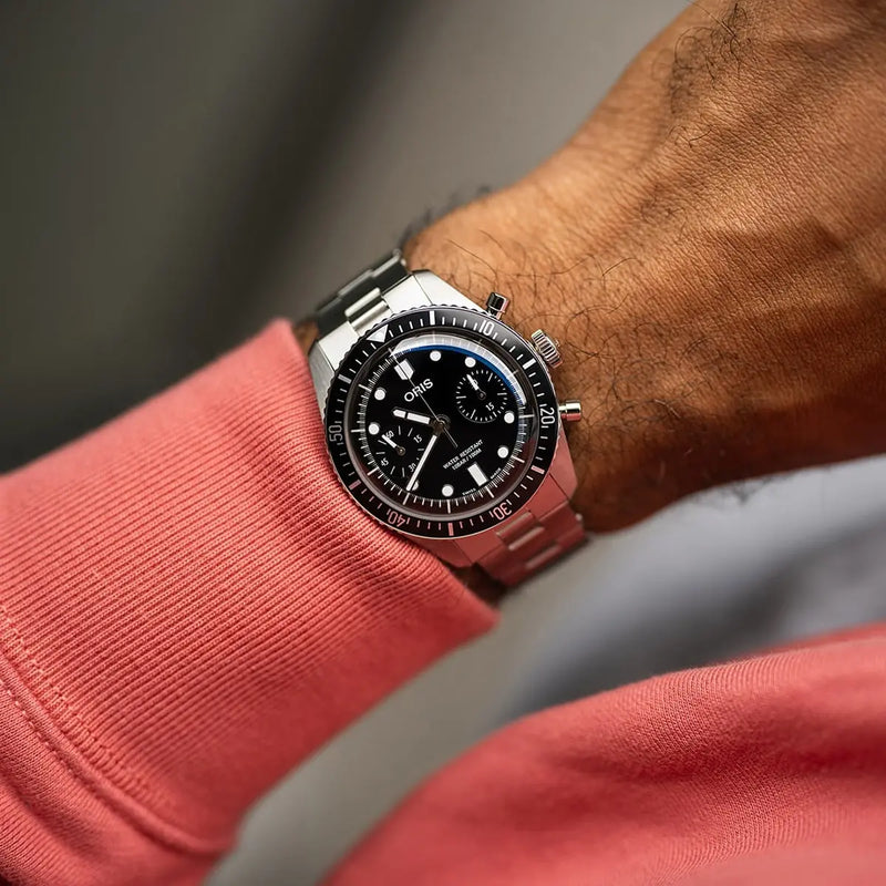 Orologio ORIS Divers Sixty-Five Chronograph quadrante nero bracciale in acciaio 01 771 7791 4054-07 8 20 18