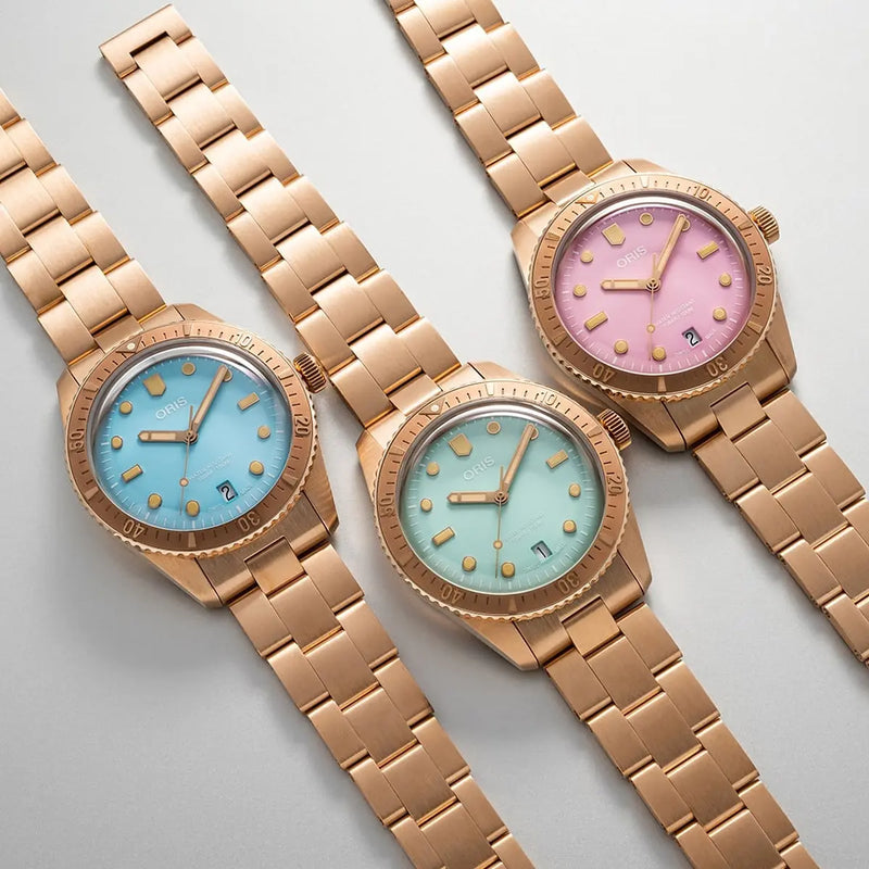 Orologio ORIS Divers Sixty-Five Cotton Candy quadrante azzurro bracciale in bronzomarrone 01 733 7771 3155-07 8 19 15 dettaglio 3