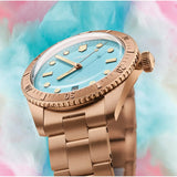 Orologio ORIS Divers Sixty-Five Cotton Candy quadrante azzurro bracciale in bronzomarrone 01 733 7771 3155-07 8 19 15 dettaglio