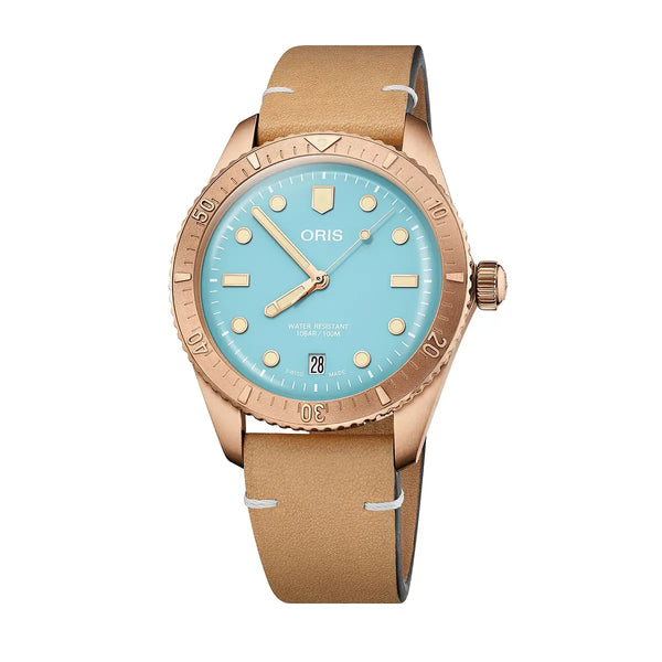 Orologio ORIS Divers Sixty-Five Cotton Candy quadrante azzurro cinturino in pelle marrone 01 733 7771 3155-07 5 19 04BR