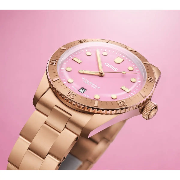 Orologio ORIS Divers Sixty-Five Cotton Candy quadrante rosa bracciale in bronzomarrone 01 733 7771 3158-07 8 19 15 dettaglio