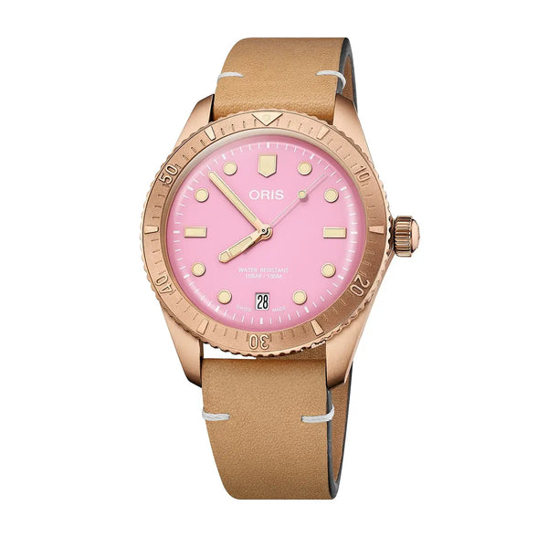 Orologio ORIS Divers Sixty-Five Cotton Candy quadrante rosa cinturino in pelle marrone 01 733 7771 3158-07 5 19 04BR