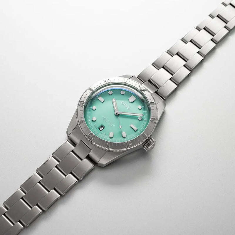Orologio ORIS Divers Sixty-Five Cotton Candy quadrante verde bracciale in acciaio 01 733 7771 4057-07 8 19 18 dettaglio 3