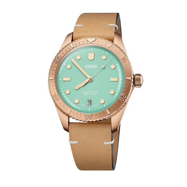 Orologio ORIS Divers Sixty-Five Cotton Candy quadrante verde cinturino in pelle marrone 01 733 7771 3157-07 5 19 04BR