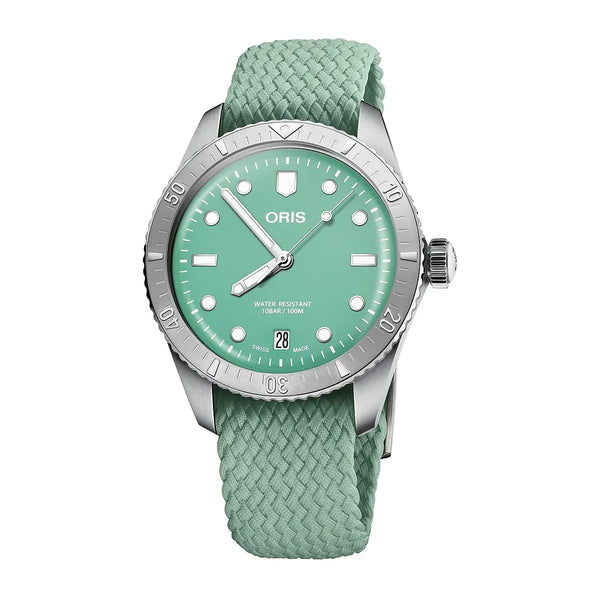 Orologio ORIS Divers Sixty-Five Cotton Candy quadrante verde cinturino in tessuto verde 01 733 7771 4057-07 3 19 03S