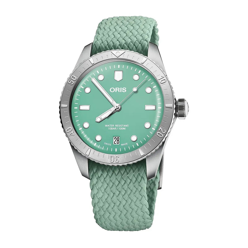 Orologio ORIS Divers Sixty-Five Cotton Candy quadrante verde cinturino in tessuto verde 01 733 7771 4057-07 3 19 03S