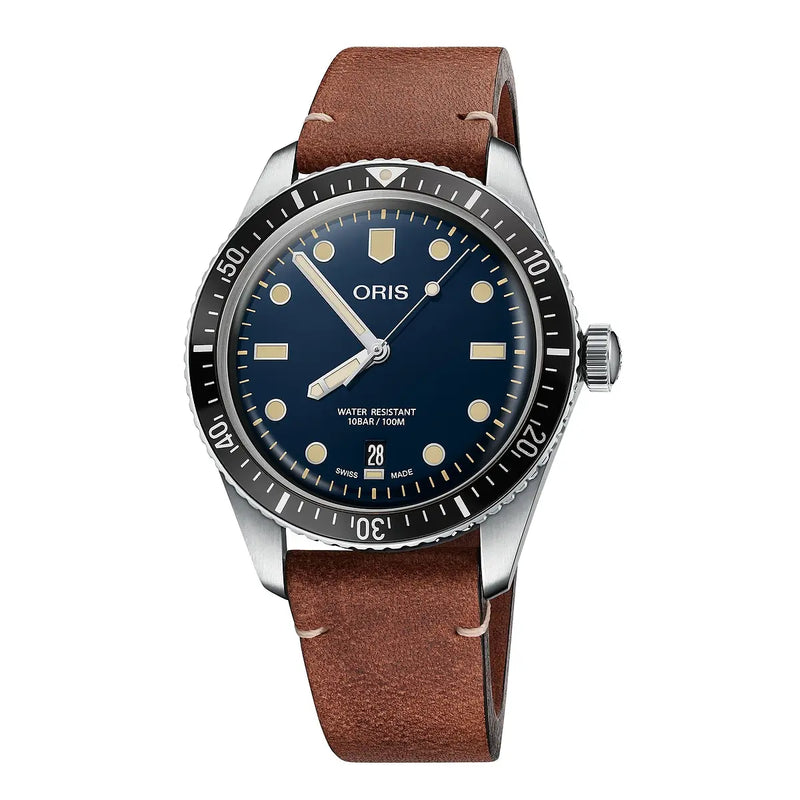 Orologio ORIS Divers Sixty-Five Date quadrante blu cinturino in pelle marrone 01 733 7707 4055-07 5 20 45