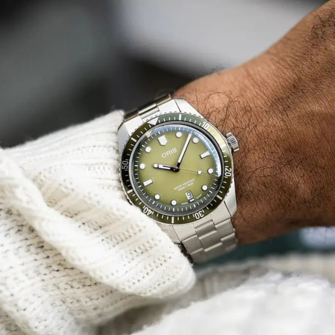 Orologio ORIS Divers Sixty-Five Date quadrante verde bracciale in acciaio 01 733 7707 4057-07 8 20 18