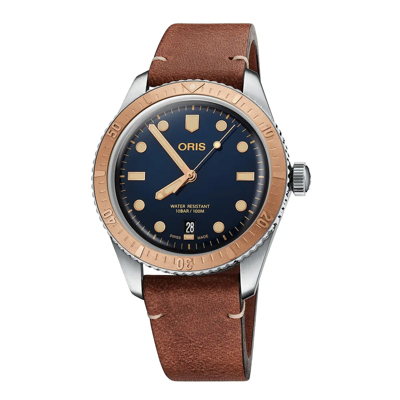 Orologio ORIS Divers Sixty-Five quadrante blu cinturino in pelle marrone 01 733 7707 4355-07 5 20 45