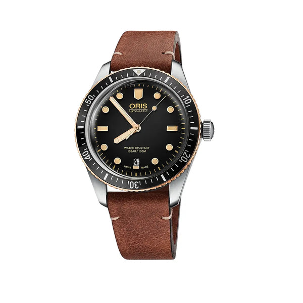 Orologio ORIS Divers Sixty-Five quadrante nero cinturino in pelle marrone 01 733 7707 4354-07 5 20 45