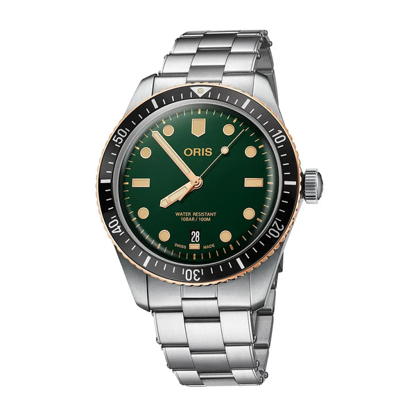Orologio ORIS Divers Sixty-Five quadrante verde bracciale in acciaio 01 733 7707 4357-07 8 20 18