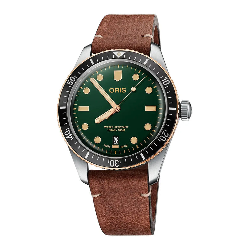 Orologio ORIS Divers Sixty-Five quadrante verde cinturino in pelle marrone 01 733 7707 4357-07 5 20 45