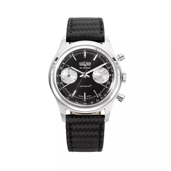 Vulcain Chronograph 70's 38mm Nero Argento 640109A00.BAC243 Manuale 640109A00.BAC243 con bracciale Pelle nera carbonio