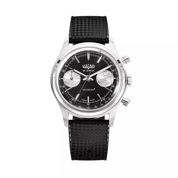 Vulcain Chronograph 70's 38mm Nero Argento 640109A00.BAR200 Manuale 640109A00.BAR200 con bracciale Gomma