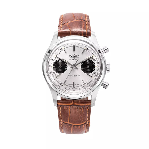 Vulcain Chronograph 70's tradition 38mm Argento Edizione Limitata 640109A20.BAL228 Manuale 640109A20.BAL228 con bracciale Alligatore marrone (Cites)