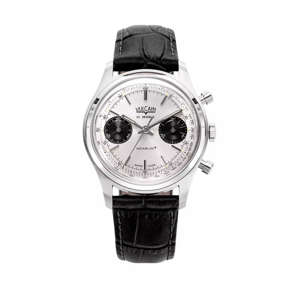 Vulcain Chronograph 70's tradition 38mm Argento Edizione Limitata 640109A20.BAL248 Manuale 640109A20.BAL248 con bracciale Alligatore nero (Cites)