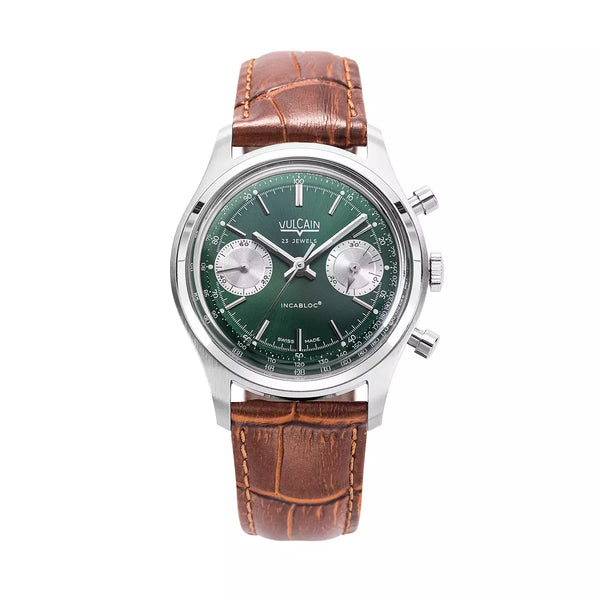 Vulcain Chronograph 70's Verde 640109A90.BAL228 Manuale 640109A90.BAL228 con bracciale Alligatore marrone (Cites)